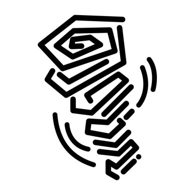 Kasırga güçlü rüzgar doğal afet ikonu çizimi siyah çizgiler kare beyaz arka planda izole. Basit düz tayfun karalama karikatürü biçiminde çizim.