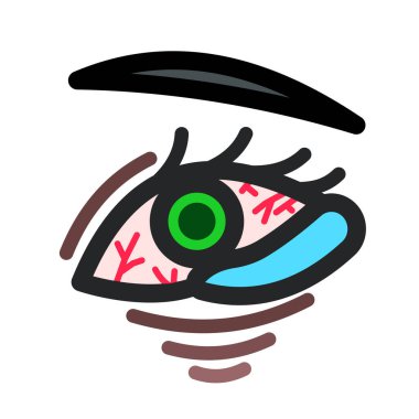 Renkli kırmızı göz tahrişi, yeşil göz bebeği ve beyaz kare arkaplanda izole edilmiş göz yaşartıcı simge çizgisi. Basit düz konjonktivit sağlık hizmeti temalı çizim.