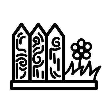 Beyaz kare arka planda izole edilmiş çit, çimen ve çiçek dekorasyonlu ev bahçesi temalı bir ikon çizimi. Basit düz çizgi film biçiminde park çizimi.