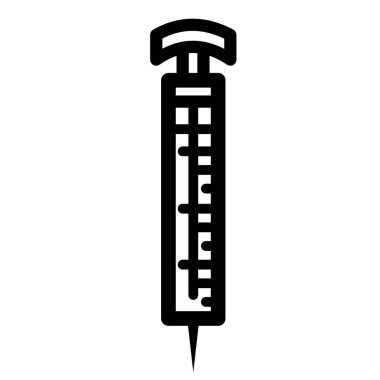 Şırınga tıbbi araç gereç ikonu çizimi. Siyah ana hatları beyaz arka planda izole edilmiş. Basit bir düz sağlık hizmeti temalı çizgi film çizimi..