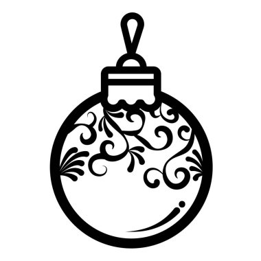 Kare beyaz arka planda siyah çizgili Noel ağacı süsleme ikonu çizimi. Basit düz noel dekorasyonu karikatür tarzı nesne çizimi.