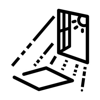 Pencere ışığı, beyaz arka planda izole edilmiş siyah renkli oda ikonu çizimine yansıyor. Basit düz monokrom karikatür çizimi.