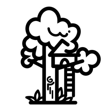 Beyaz arka planda izole edilmiş siyah ağaç ev ikonu çizimi. Basit düz siyah-beyaz monokrom karikatür çizimi.