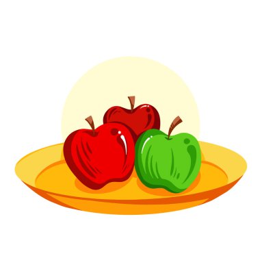 Sarı plaka vektöründe kırmızı ve yeşil elma meyveleri kare beyaz arkaplanda izole edilmiş resimlerini çiziyor. Basit düz çizgi film çizimi. Yemek tasarımı..