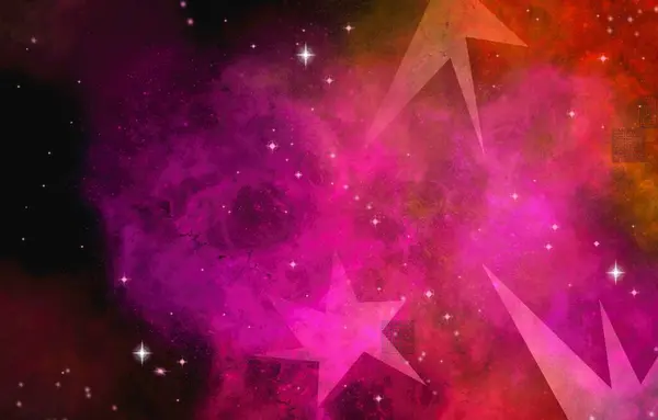 Sosyal medya veya web sitesi arka planı için soyut kırmızı ve pembe renkli bulutlar ve parlak yıldızların yatay oranda izole edildiği uzay astral gökyüzü ortamı üzerine gaz.