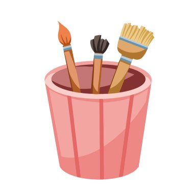 Pembe fincanda üç boya fırçası ya da kare beyaz arka planda izole edilmiş cam kabın çizimi. Çizim biçimli basit düz sanat araçları nesnesi.