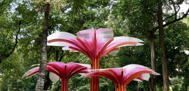 Pembe renkli park çiçeği çatı direği dekorasyonu yatay oran ormanı yeşil yaprakları ve arka planda izole edilmiş..