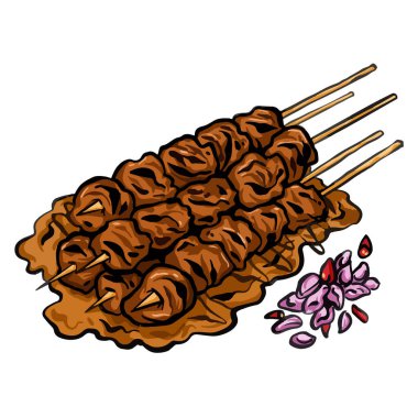 Sate ayam saus kacang. Kare beyaz arka planda izole edilmiş tavuk satay yemek illüstrasyonu. Endonezya yemekleri ve karikatür tarzı çizimler..