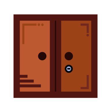 Kare beyaz arka planda izole edilmiş renkli ikon resimli kahverengi ahşap dolap dolabı. Basit düz çizilmiş karikatür çizimi.
