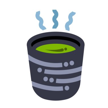 Gri camlı sıcak ocha yeşil çay içeceği ya da kare beyaz arka planda izole edilmiş renkli ikon çizimi. Basit düz çizilmiş karikatür çizimi.