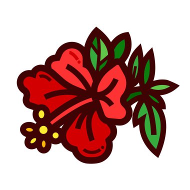 Kırmızı Hibiscus rosa sinesis çiçek renkli ikon çizimi kare beyaz arka planda izole edilmiştir. Botanik ve doğa temalı basit düz çizimli çizgi film sanatı.