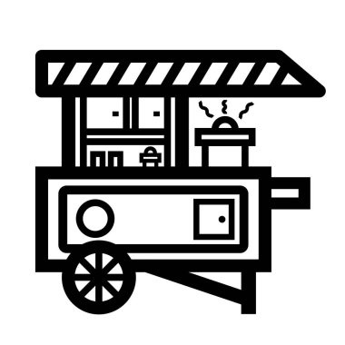 Gıda arabası ya da gerobak makanan ikon çizimi kare beyaz arka planda izole edilmiş. Basit düz çizilmiş karikatür çizimi.