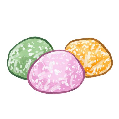 Kavun, çilek ve beyaz kare arkaplanda izole edilmiş mango renkli mochi illüstrasyonu. Çizgi film tarzı çizimlerle renkli çizimler.