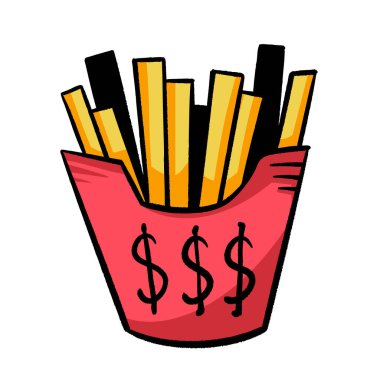 Kare beyaz arka planda izole edilmiş pahalı abur cubur renkli çizimler. Basit düz çizilmiş karikatür çizimi.