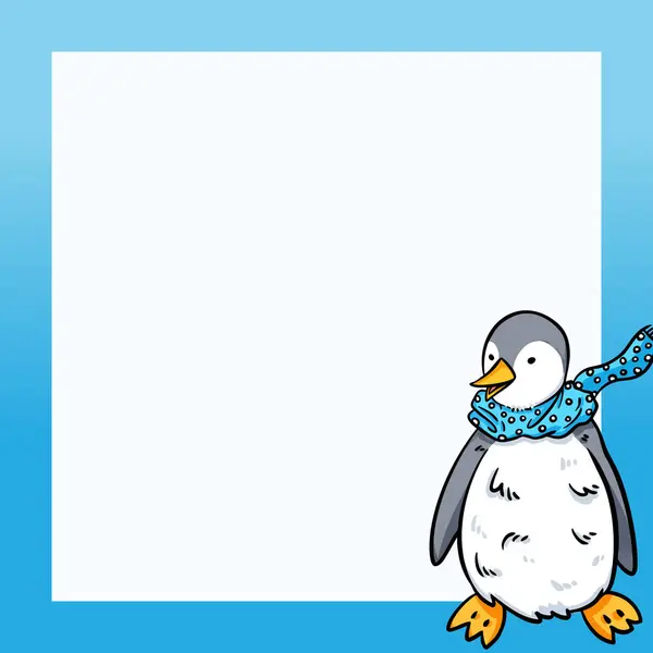 Mavi eşarp illüstrasyonlu penguen parmak izi tasarımı için kare kare şablona izole edildi. Basit düz çizilmiş karikatür çizimi.