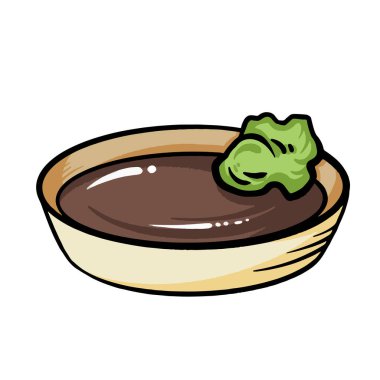 Kahverengi soya sosu ve yeşil baharatlı wasabi yuvarlak kabın içinde renkli resimleme kare beyaz arka planda izole. Basit düz çizilmiş çizgi film sanatı. Yemek çeşnisi çizimi..