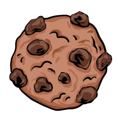 Kare beyaz arka planda izole edilmiş kahverengi çikolatalı kurabiye renkli bir illüstrasyon. Basit düz çizgi film çizimi, tatlı yemek çizimi..