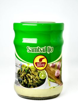 Jakarta, Indonesia - December 31th, 2024 - Sambal ijo uleg brand new jar packaging container. Hot spicy green chili food condiment object isolated on vertical white background. clipart