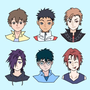 Altı renkli ve ana hatları çizilmiş genç adam ya da erkek Avatar profili çizimi.