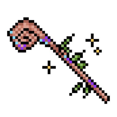 Ahşap büyücü ya da sihirbaz asa silah çubuğu piksel 8 bit renkli illüstrasyon kare beyaz arka planda izole.
