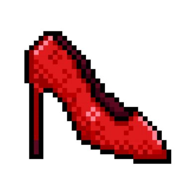 Kırmızı topuklu ayakkabı piksel 8 bit oyun veya sosyal medya dekorasyonu için izole edilmiş kare beyaz arka plan.