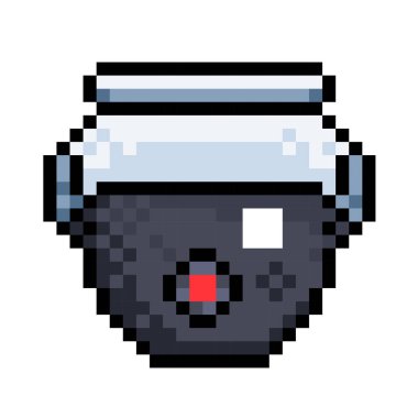 CCTV tavan güvenlik kamerası pikseli 8 bit biçimlendirme oyun veya sosyal medya dekorasyonu için izole kare beyaz arka plan.