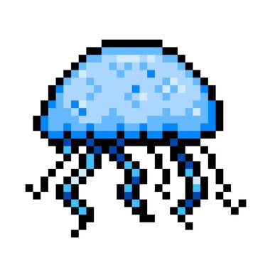 Mavi yüzen denizanası pikseli oyun 8 bit renkli çizgi film çizimi beyaz arkaplanda izole.