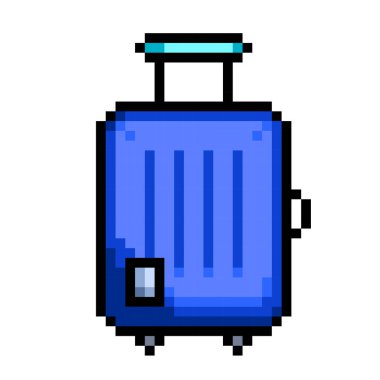 Mavi valiz çantası piksel 8 bit oyun dekorasyonu kare beyaz arkaplanda izole edilmiş renkli resimleme.