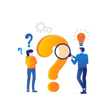 Title: Asking Business question mark characters male and female Ideas bulb glowing setting icon orange and blue