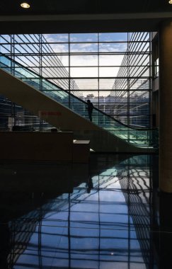 View of the escalator and courtyard with trees and stones through the huge windows in an office building in the city of Spain.