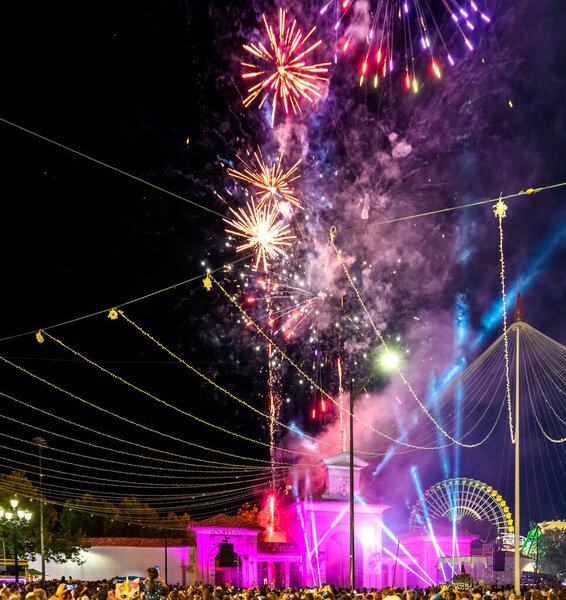 September 2022- albacete, spain - fireworks in the night sky with sparklers