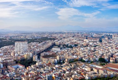 October 2022 - Alicante, Spain - Aerial view of the Spanish city of Alicante on the shores of the turquoise Mediterranean Sea on a sunny day