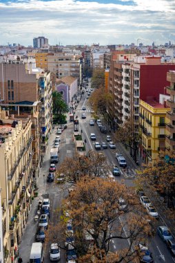 Aralık 2022 - Valencia, İspanya - Valensiya 'nın güzel sokakları, tarihi şehir merkezinde kuşbakışı bir bakış açısıyla