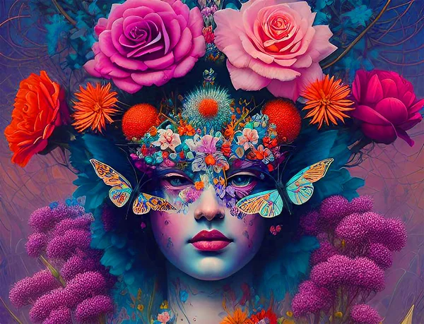 Piękna Młoda Kobieta Piórami Maską Kwiatami Liśćmi Różowym Tle — Wektor stockowy