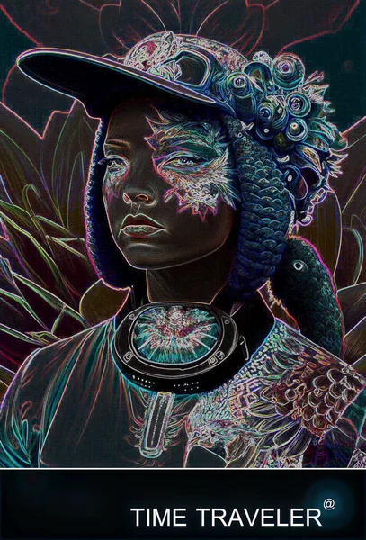 Hermosa Mujer Afroamericana Con Tatuaje Sombrero Plumas Parecen Ser Viajero — Archivo Imágenes Vectoriales