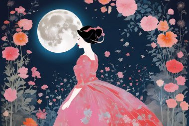 Siyah elbiseli bir kız ve beyaz bir gül. vektör illüstrasyonu