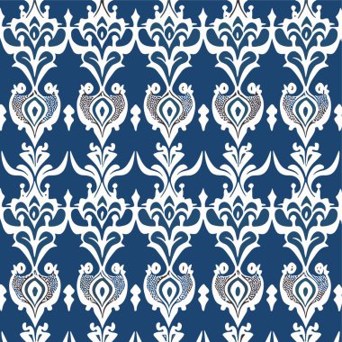 Mavi ve beyaz damask çiçeksiz desen