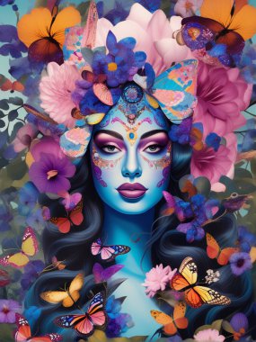 Çiçekli güzel bir kadının 3 boyutlu görüntüsü.