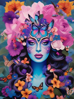 Kafasında kelebek olan parlak elbiseli güzel bir kadın..