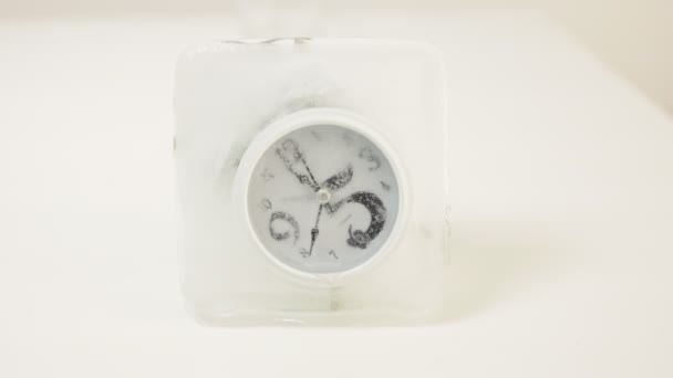 Frozen Clock Unfreezing White Flowers Green Foliage — Stock Video