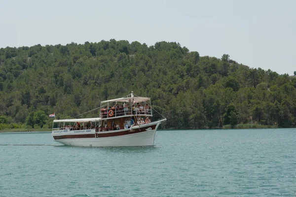 Nehir boyunca uzanan feribotu tasvir eden huzurlu bir sahne, yemyeşil bir ormanla birlikte, berrak bir gökyüzünün altında, doğanın güzelliğiyle bir ulaşım anı..