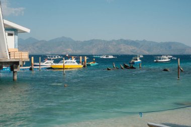 Gili Trawangan 'ın turkuaz plajının dinginliğine dal. Küçük kayıklar yavaşça sallanır, heybetli dağlar tarafından çerçevelenir..