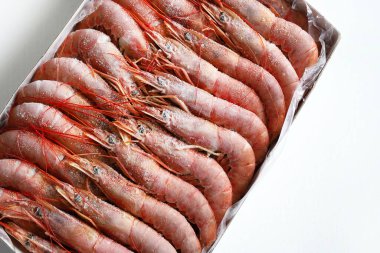 Frozen Argentinian king prawns. Directly above. 