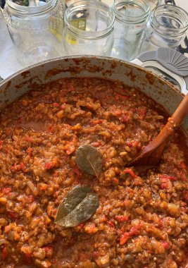 Zacusca - Romanian food appetizer. Vegetable spread, roasted eggplant, onions, tomato paste and roasted red peppers. Autumn and vegetarian food.