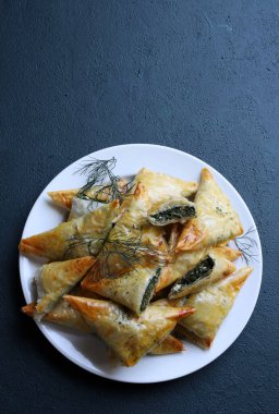 Geleneksel Yunan mutfağı. Spanakopita, gri arka planda ıspanak, feta, dereotu ve tzatziki soslu çıtır fileto. Tam üstte. Boşluğu kopyala.