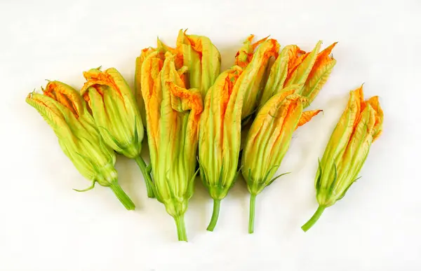Zucchini Blommor Isolerad Vit Bakgrund Utsikt Uppifrån Ekologisk Mat Direkt — Stockfoto
