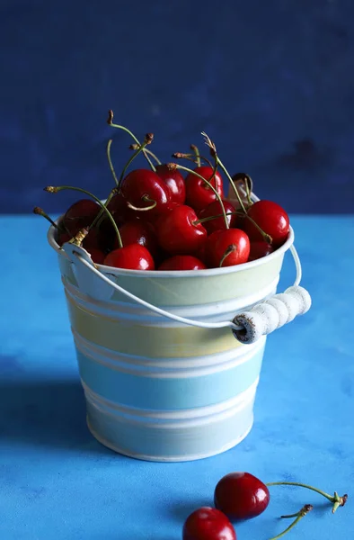 Summer Fruit Fresh Cherries Fruit Bucket Isolated Blue Background Healthy — Stock Photo, Image