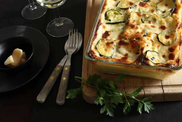 Italian Food Delicious Homemade Lasagna Zucchini Cheese Dark Background — Stock Photo, Image