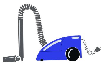 Mavi arka planda el yapımı elektrikli süpürge. Temizlik ve hijyen için vakum hortumuyla elektrikli süpürge. Görüntü.