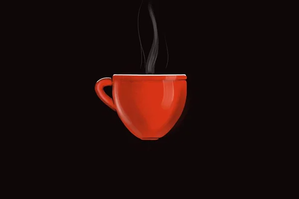 Rote Tasse Dampfenden Kaffees Isoliert Auf Schwarzem Hintergrund Illustration — Stockfoto